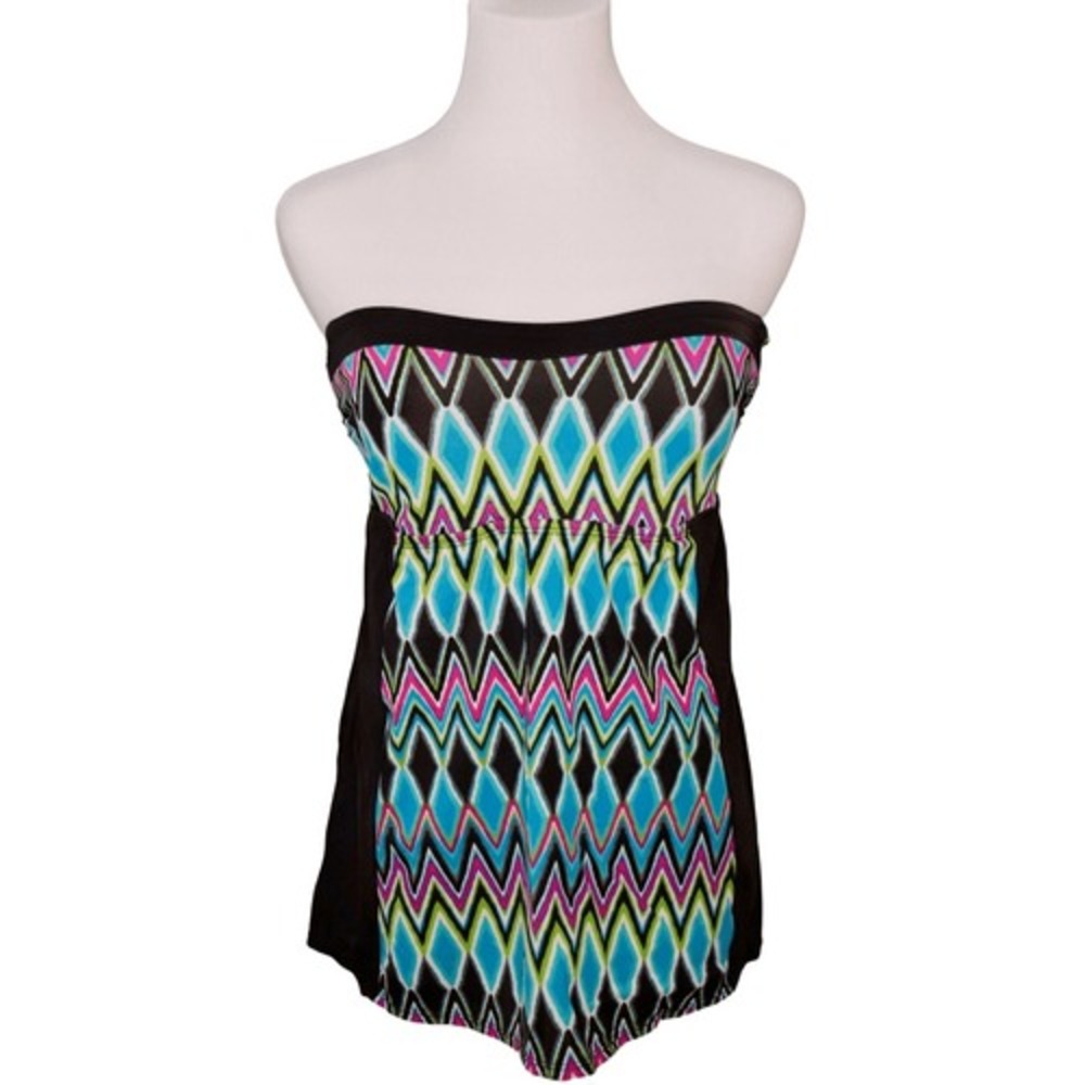 Kim Rogers Strapless Black Geometric One Piece‎ Skirted Swimsuit SMALL Poolcore